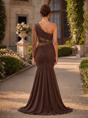 Elegant Dark Brown One-Shoulder Beaded Mermaid Evening Dress