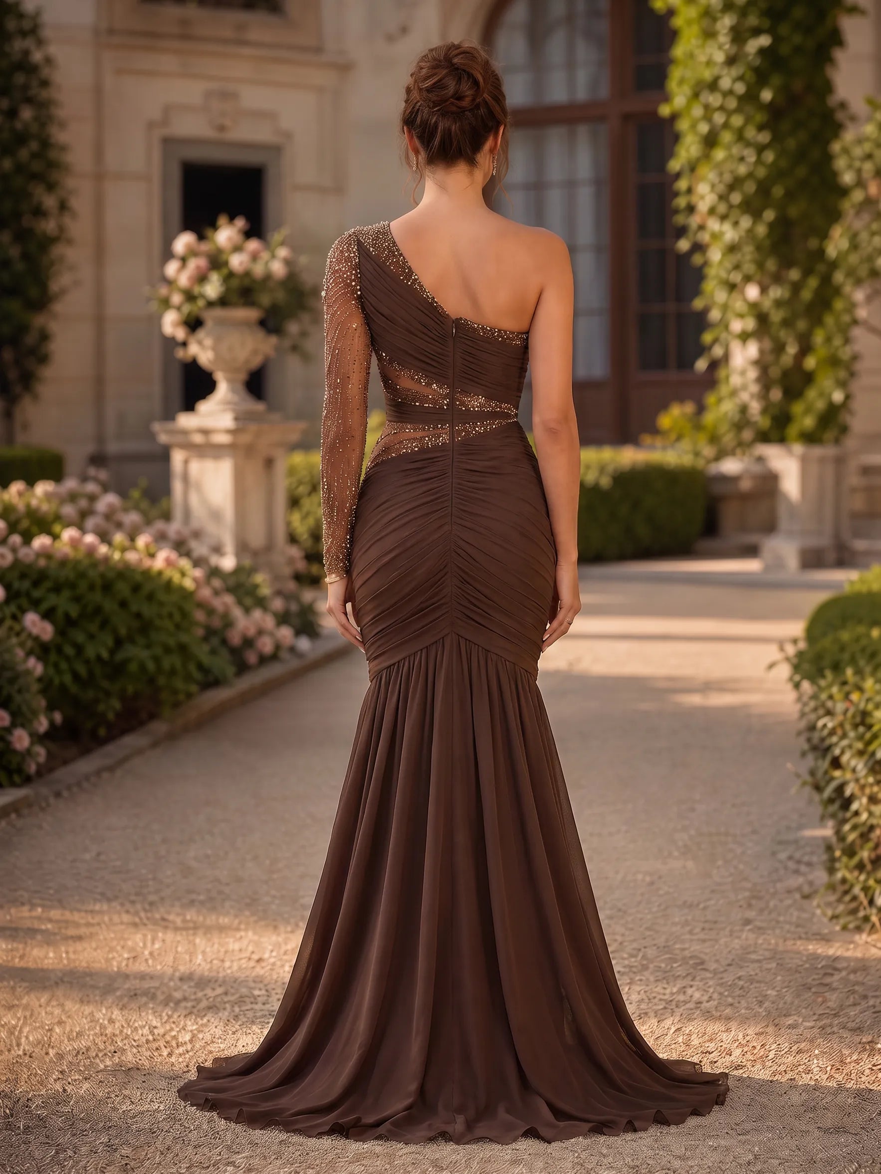Elegant Dark Brown One-Shoulder Beaded Mermaid Evening Dress