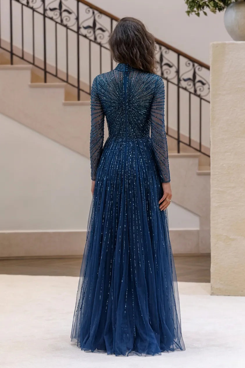 Navy Blue Beaded High-Neck Long-Sleeve Tulle Evening Dress