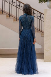 Navy Blue Beaded High-Neck Long-Sleeve Tulle Evening Dress