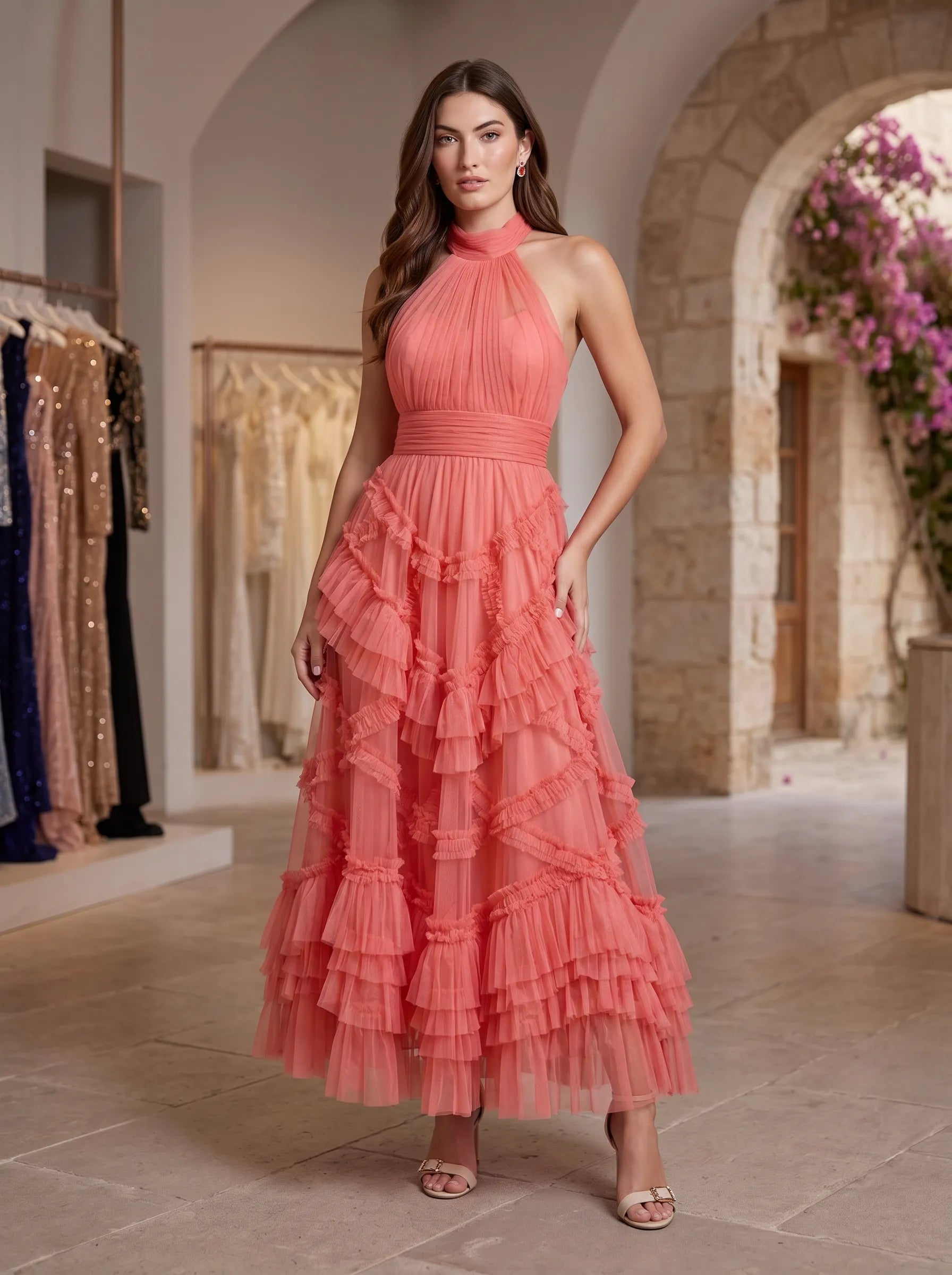 Halter Ruffled Tiered Tulle A-Line Evening Dress