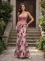 Strapless Structured Peplum Corset Embroidered Floral Mermaid Evening Dress