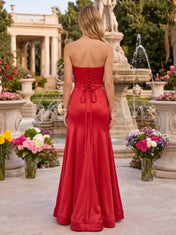 One-Shoulder Pleated-Bust Satin Prom Dress with High Slit and Corset Back