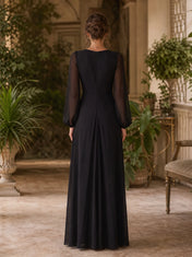 Black and Ivory V-Neck Long-Sleeve Color-Block Evening Dress