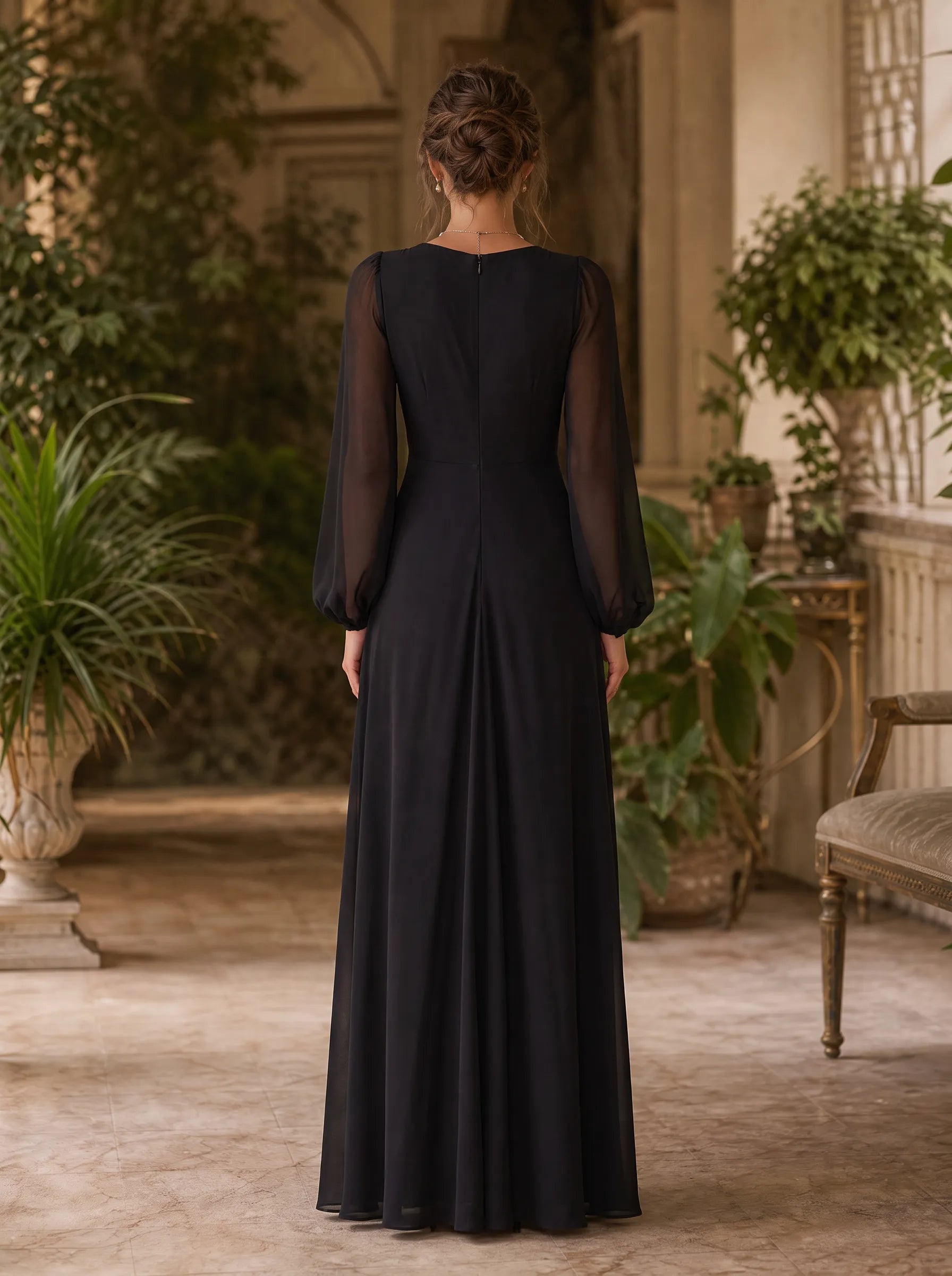Black and Ivory V-Neck Long-Sleeve Color-Block Evening Dress