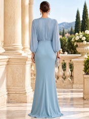 Deep V-Neck Pleated Bishop-Sleeve Mermaid Evening Dress with High Slit