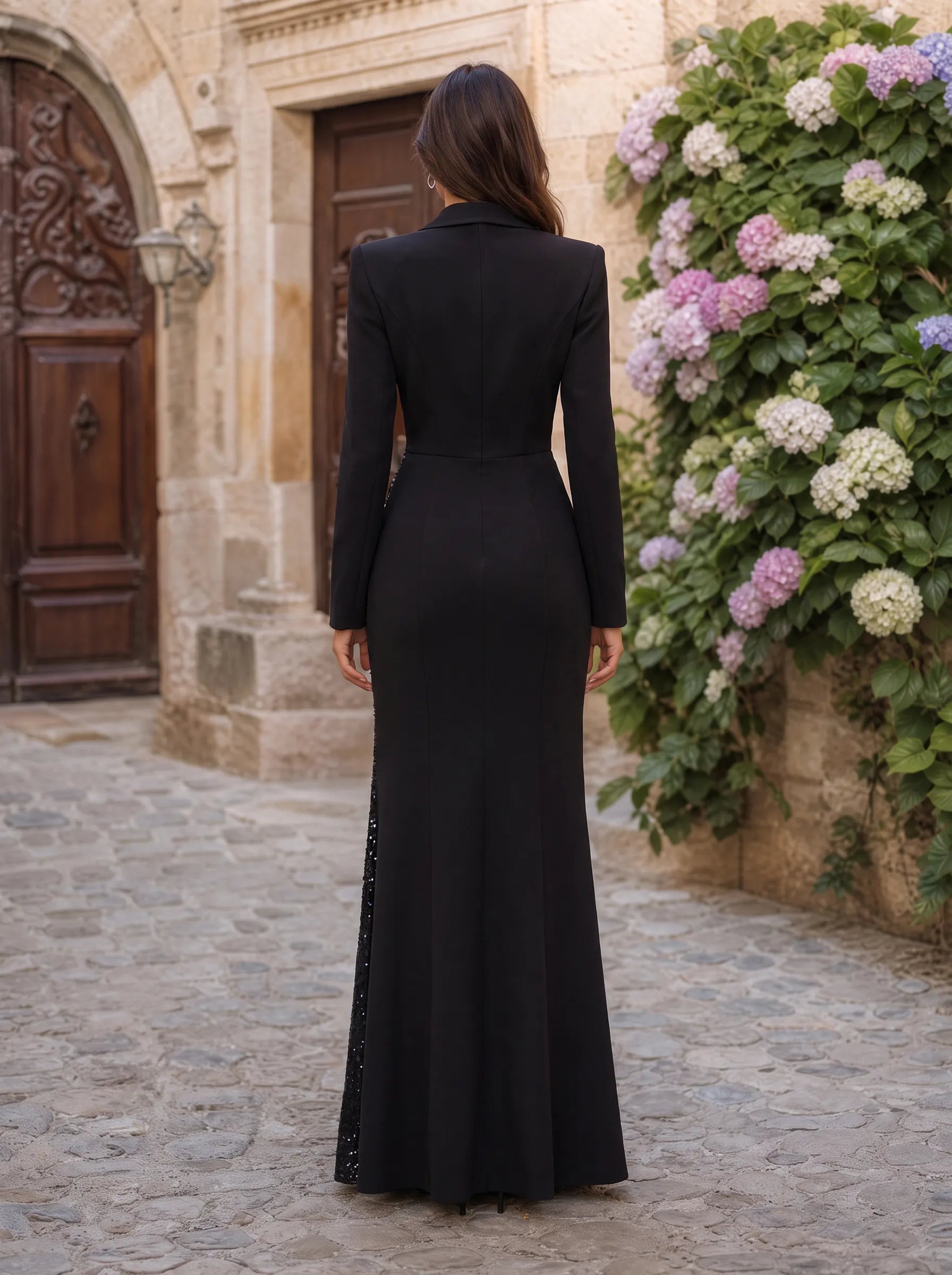 Tuxedo Blazer Sequin-Panel Mermaid Evening Dress with Slit