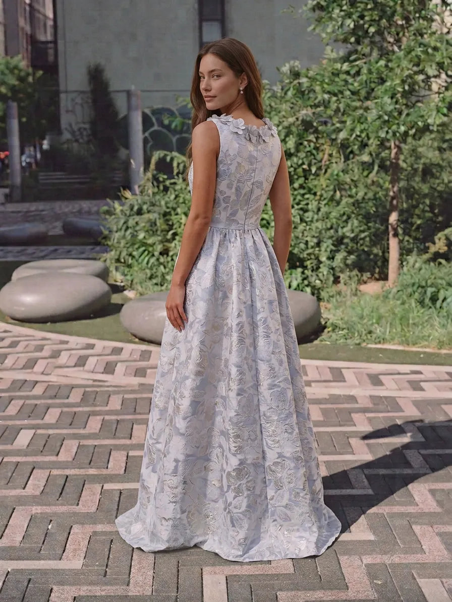 Round-Neck 3D Floral Applique Blue Metallic Brocade A-Line Evening Dress