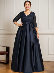 A-line V-Neck Floor-Length Satin Lace Mother of the Bride Dress With Sequins Bow