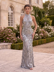 Halter Open-Back Sequin & Beaded Sheath Prom Gown