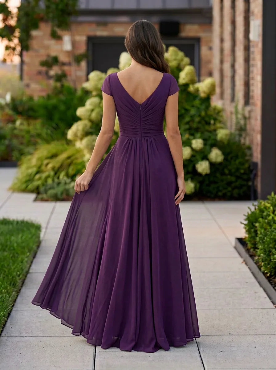 Beaded-Accented Chiffon Long Evening Dress with Slit