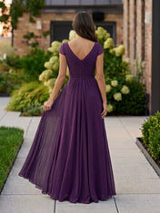 Beaded-Accented Chiffon Long Evening Dress with Slit