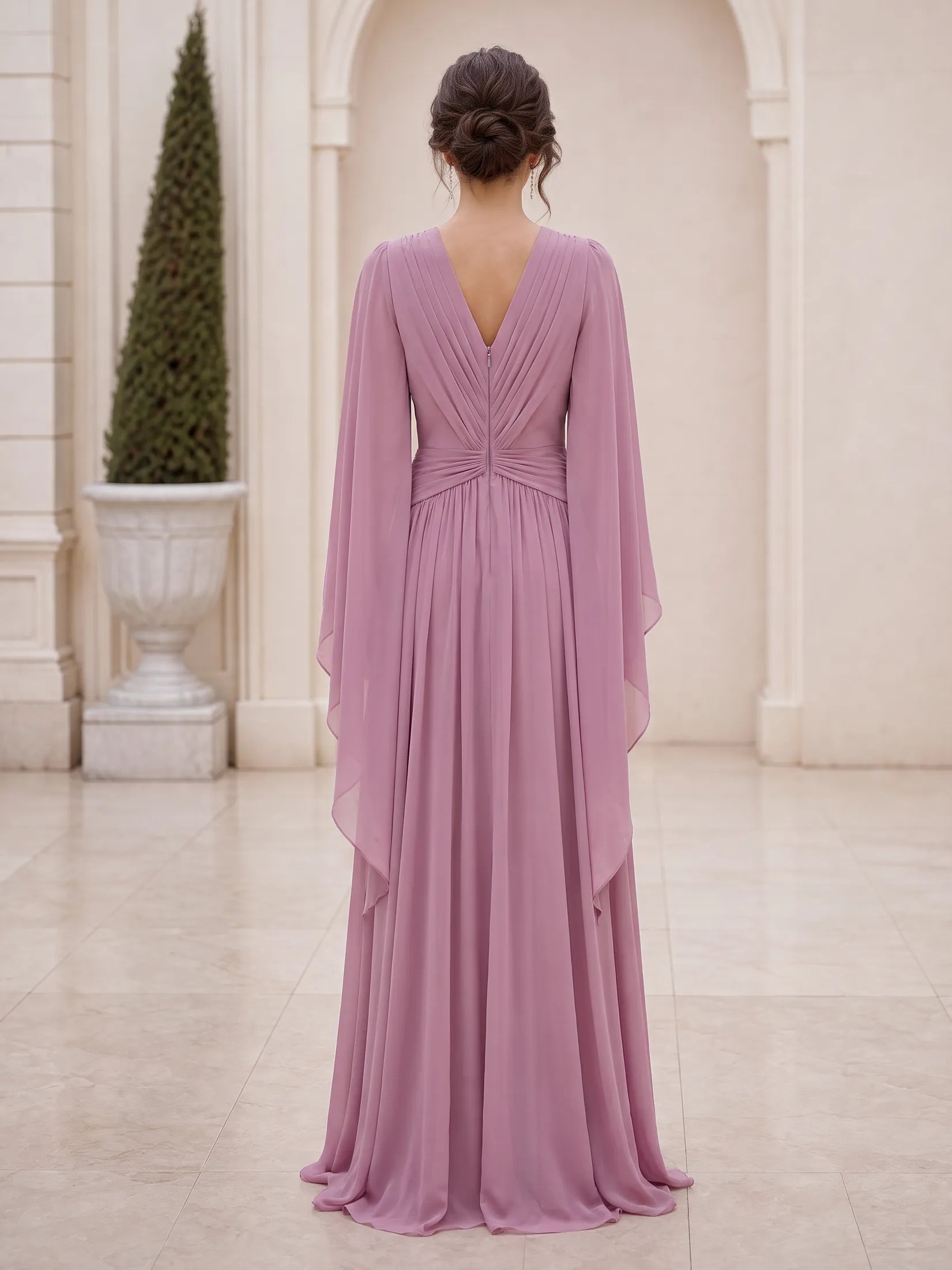 Deep V-Neck Pleated Chiffon Cape Sleeve Evening Dress