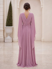 Deep V-Neck Pleated Chiffon Cape Sleeve Evening Dress