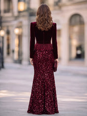 High-Neck Velvet and Sequin Mermaid Evening Dress with Peplum