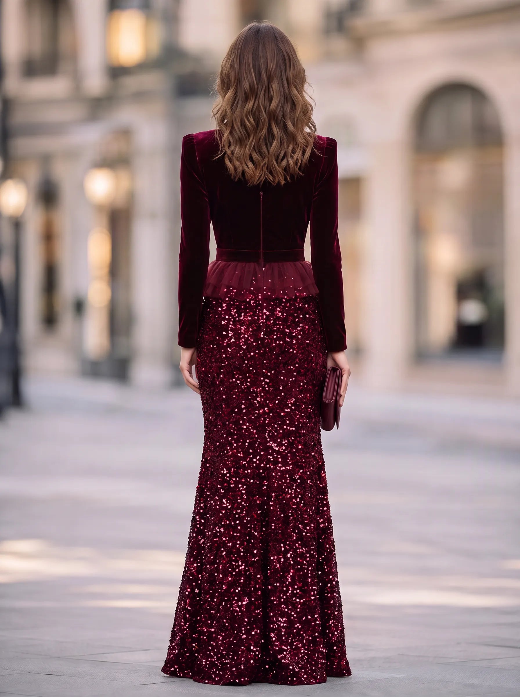 High-Neck Velvet and Sequin Mermaid Evening Dress with Peplum
