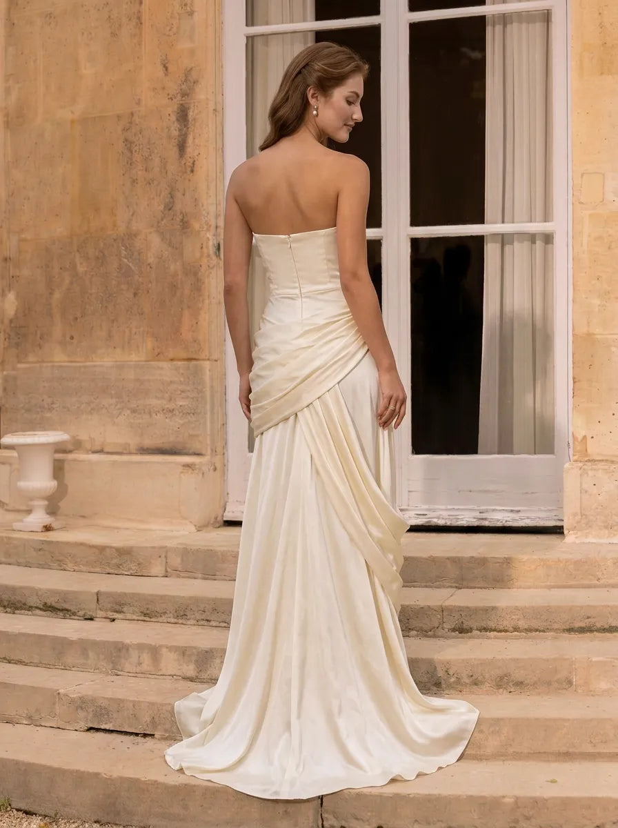 Ivory Strapless Draped Satin Column Sleeveless Evening Dress