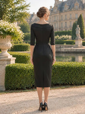 Elegant Fold-Over Collar Midi Satin Cocktail Dress