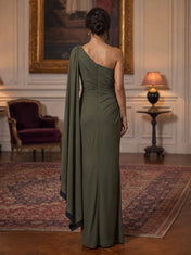 Olive Green One-Shoulder Cape Draped Chiffon Evening Dress