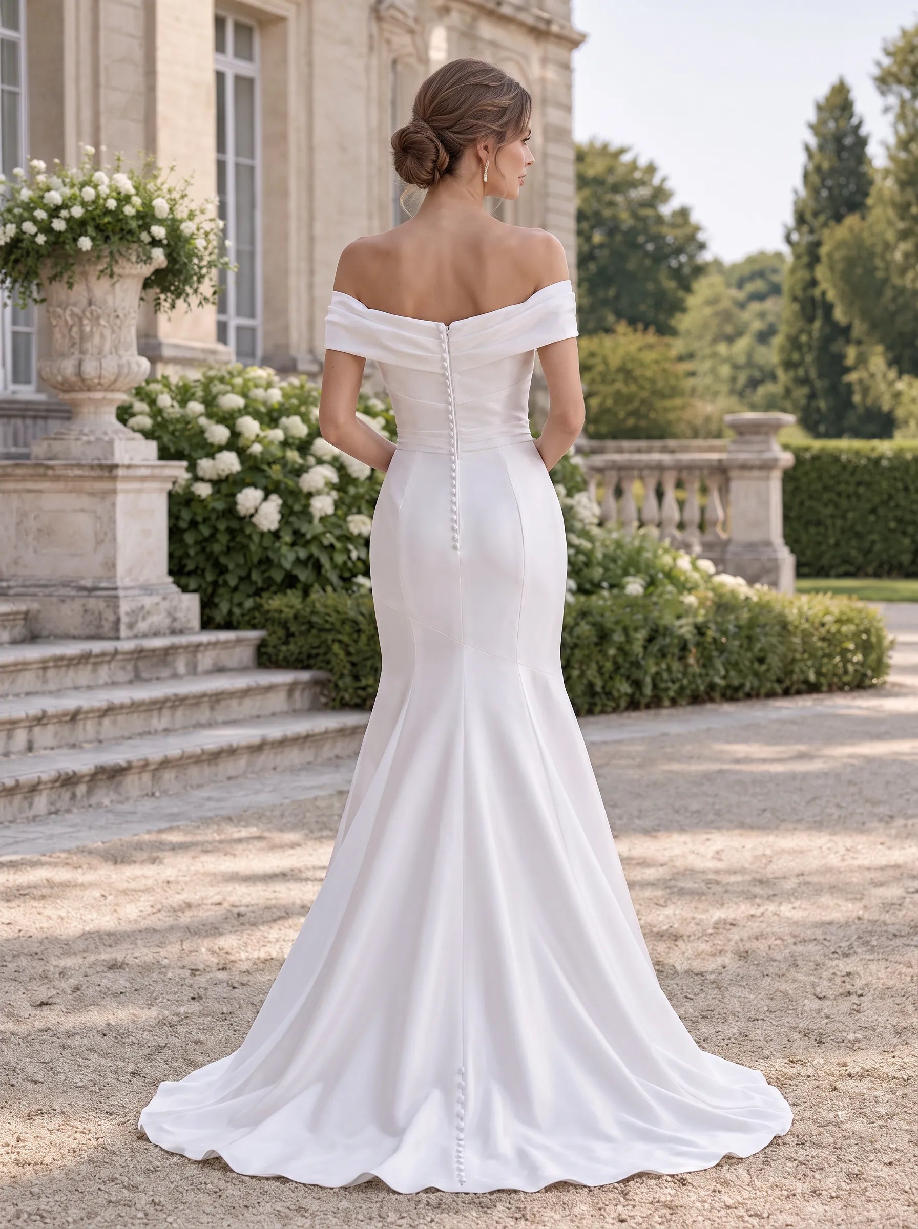 Off-the-Shoulder Draped Satin Mermaid Wedding Dress with Button Details