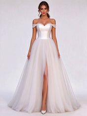 Off-the-Shoulder Pearl Trim Satin & Tulle A-Line Wedding Dress