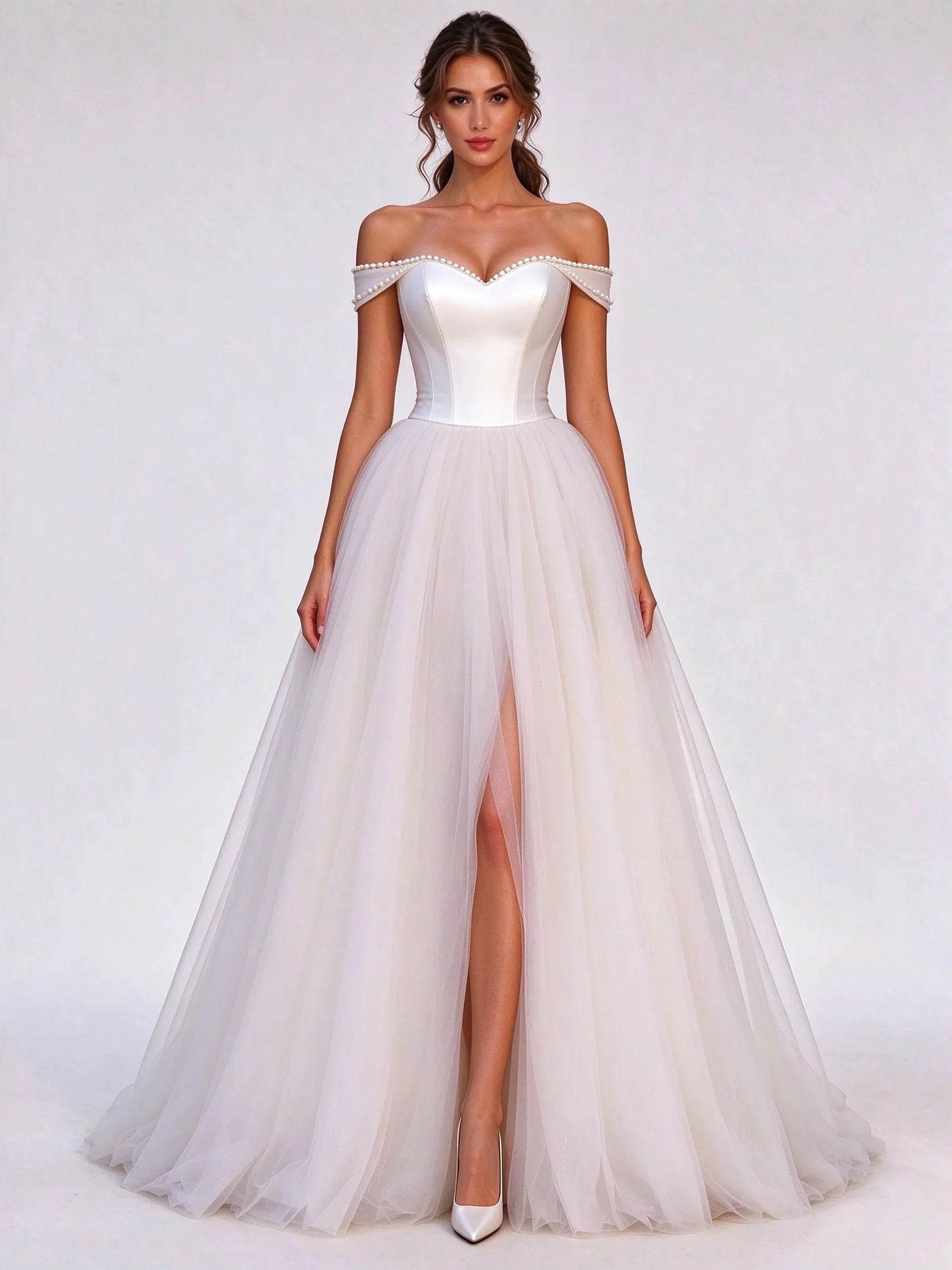 Off-the-Shoulder Pearl Trim Satin & Tulle A-Line Wedding Dress
