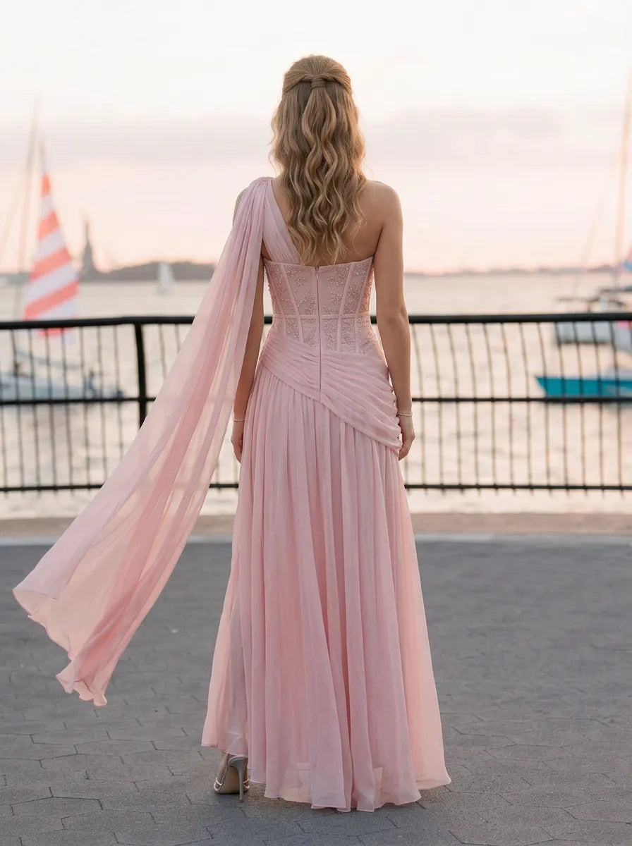 Blush Pink One-Shoulder Corset Evening Dress with Flowing Draped Cape