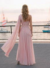 Blush Pink One-Shoulder Corset Evening Dress with Flowing Draped Cape