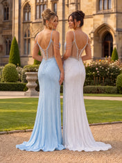 Beaded Spaghetti-Strap Cold-Shoulder Sheer-Back Column Prom Dress with High Slit