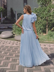 One-Shoulder Ruffled Rosette Light Blue Pleated Evening Dress