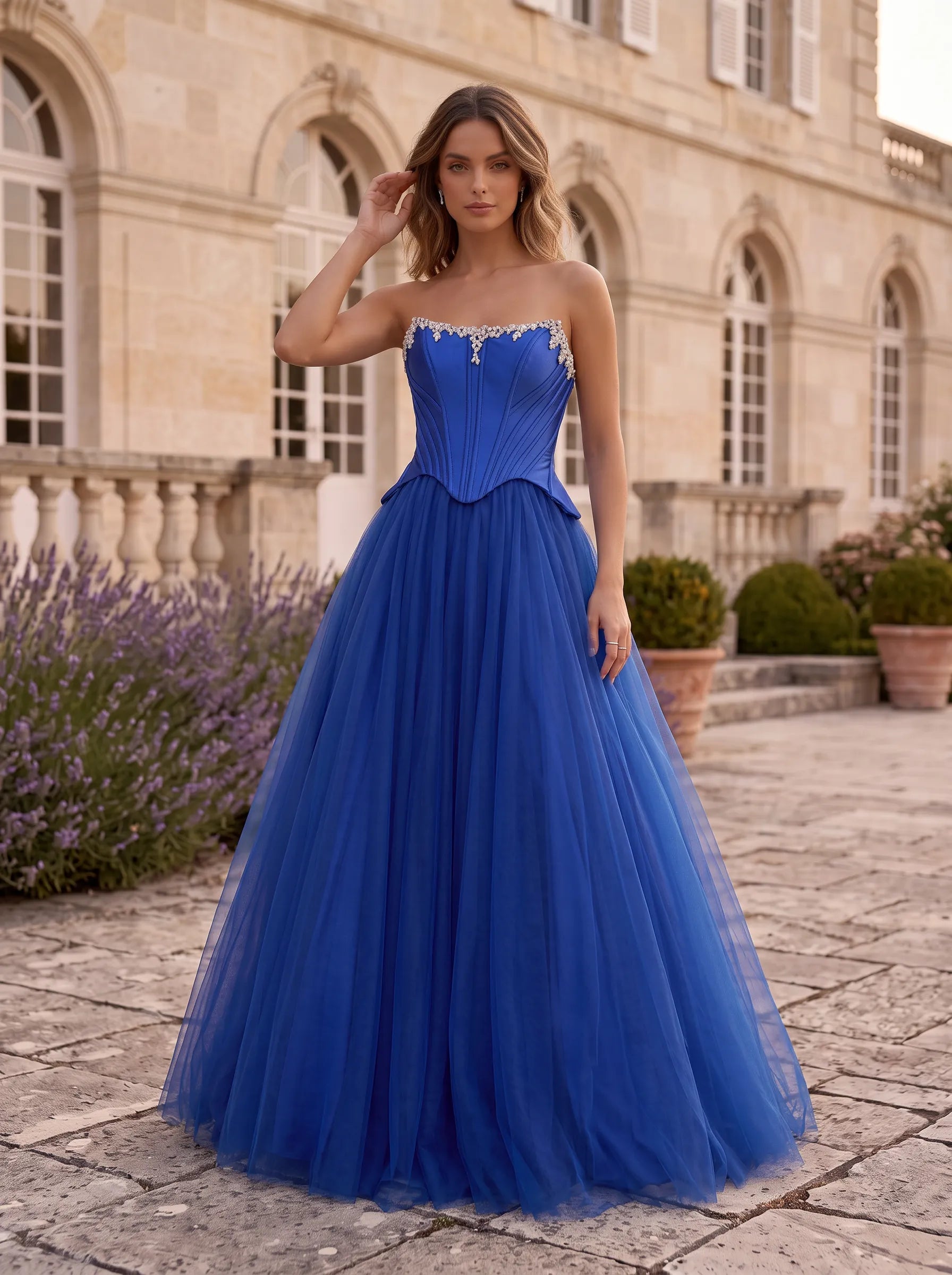 Strapless Corset Beaded A-Line Sleeveless Tulle Prom Dress