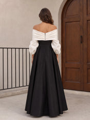 Off-the-Shoulder Two-Tone Long Sleeve Evening Dress