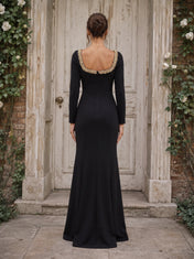 Classic Black Scoop Neck Long Sleeve Beaded Slit Evening Dress