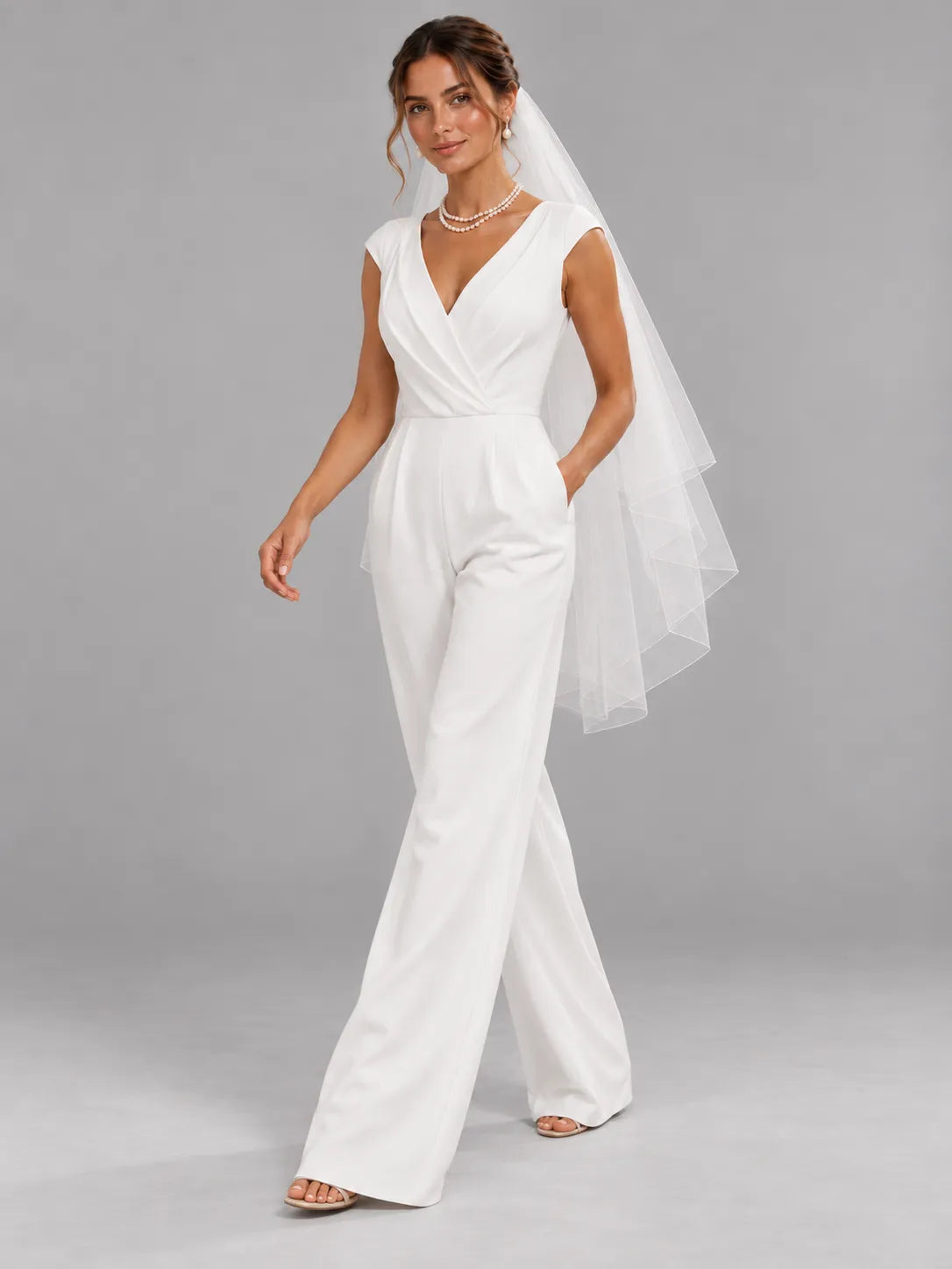 V-Neck Crossover Wide-Leg Bridal Jumpsuit