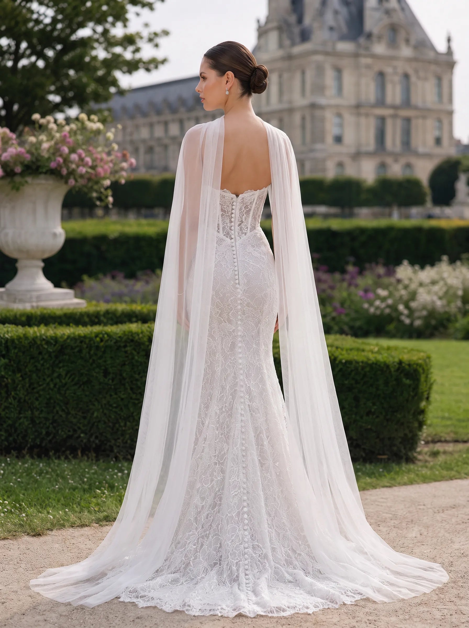 Ivory Illusion Lace Mermaid Wedding Dress with Detachable Sheer Cape