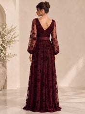 Deep V-Neck Burnout Velvet Long Evening Dress with Slit and Bow Waist