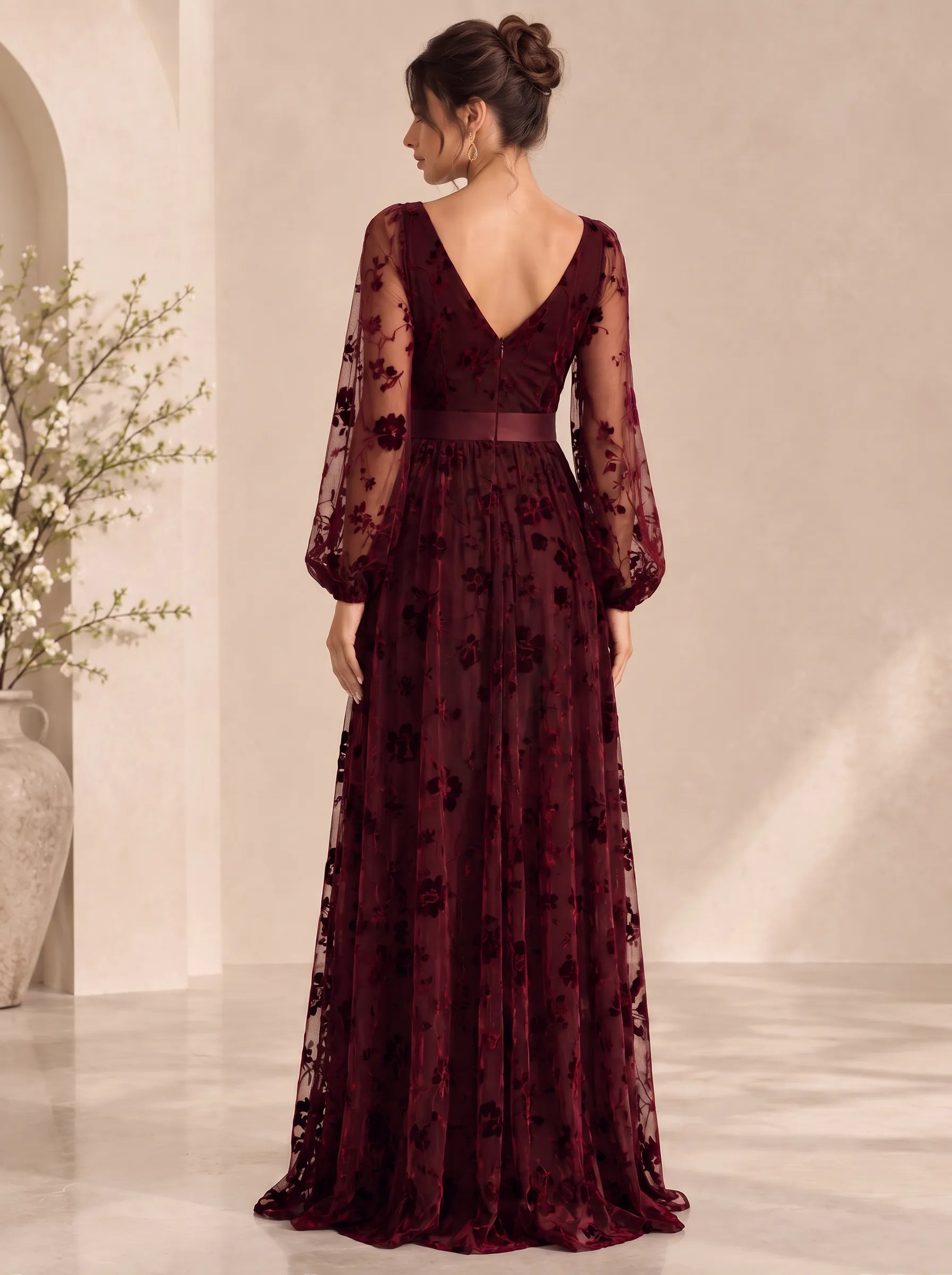 Deep V-Neck Burnout Velvet Long Evening Dress with Slit and Bow Waist