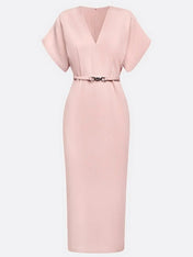 Light Blue Classic V Neck Short Sleeve Dolman Sleeve Sheath Midi Dress