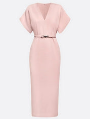 Light Blue Classic V Neck Short Sleeve Dolman Sleeve Sheath Midi Dress