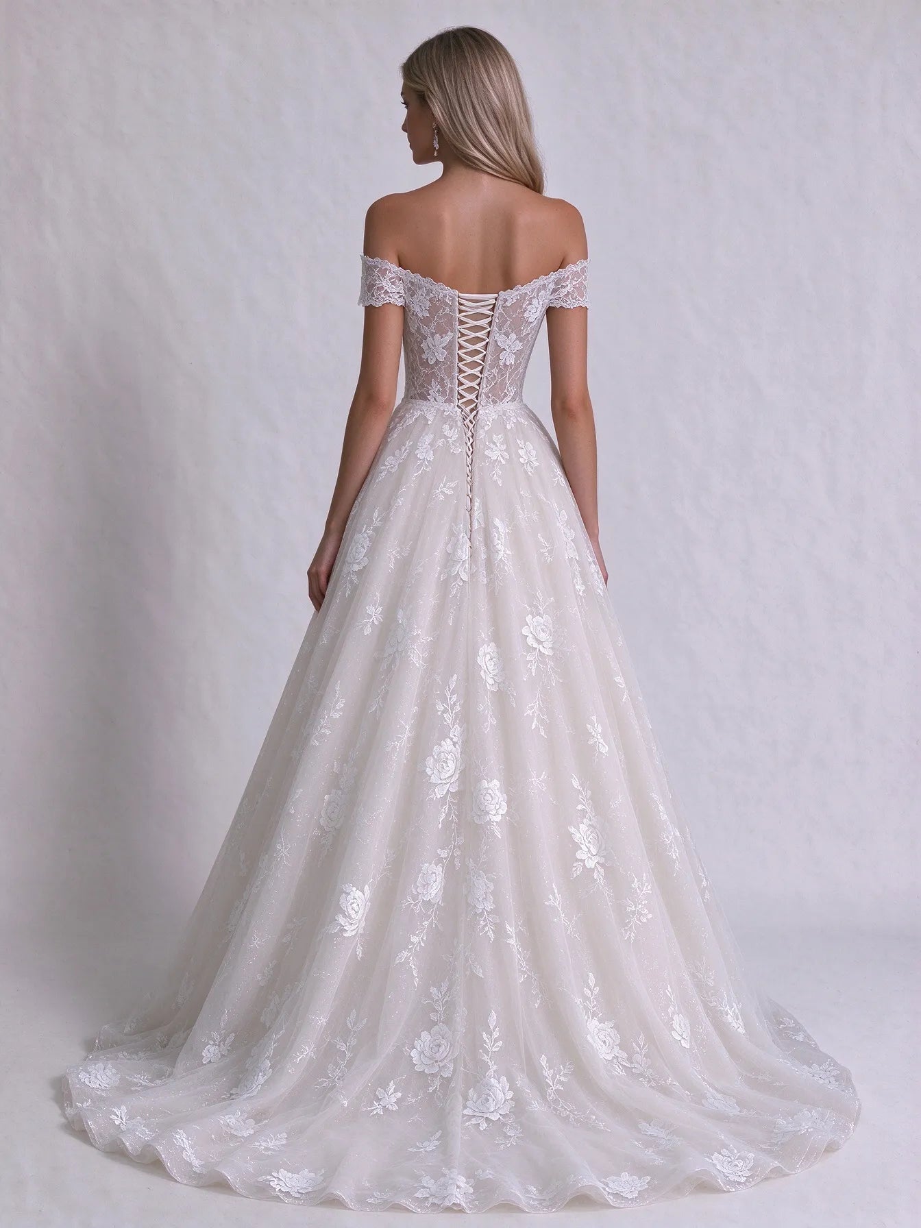 Off-the-Shoulder Sweetheart Lace Corset Tulle A-Line Wedding Dress with Lace-Up Back