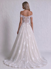 Off-the-Shoulder Sweetheart Lace Corset Tulle A-Line Wedding Dress with Lace-Up Back