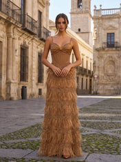 Spaghetti Strap Corset Lace & Feather Tiered Long Prom Dress
