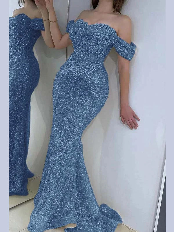 Champagne Pearl Sequin Off-the-Shoulder Mermaid Prom Dress