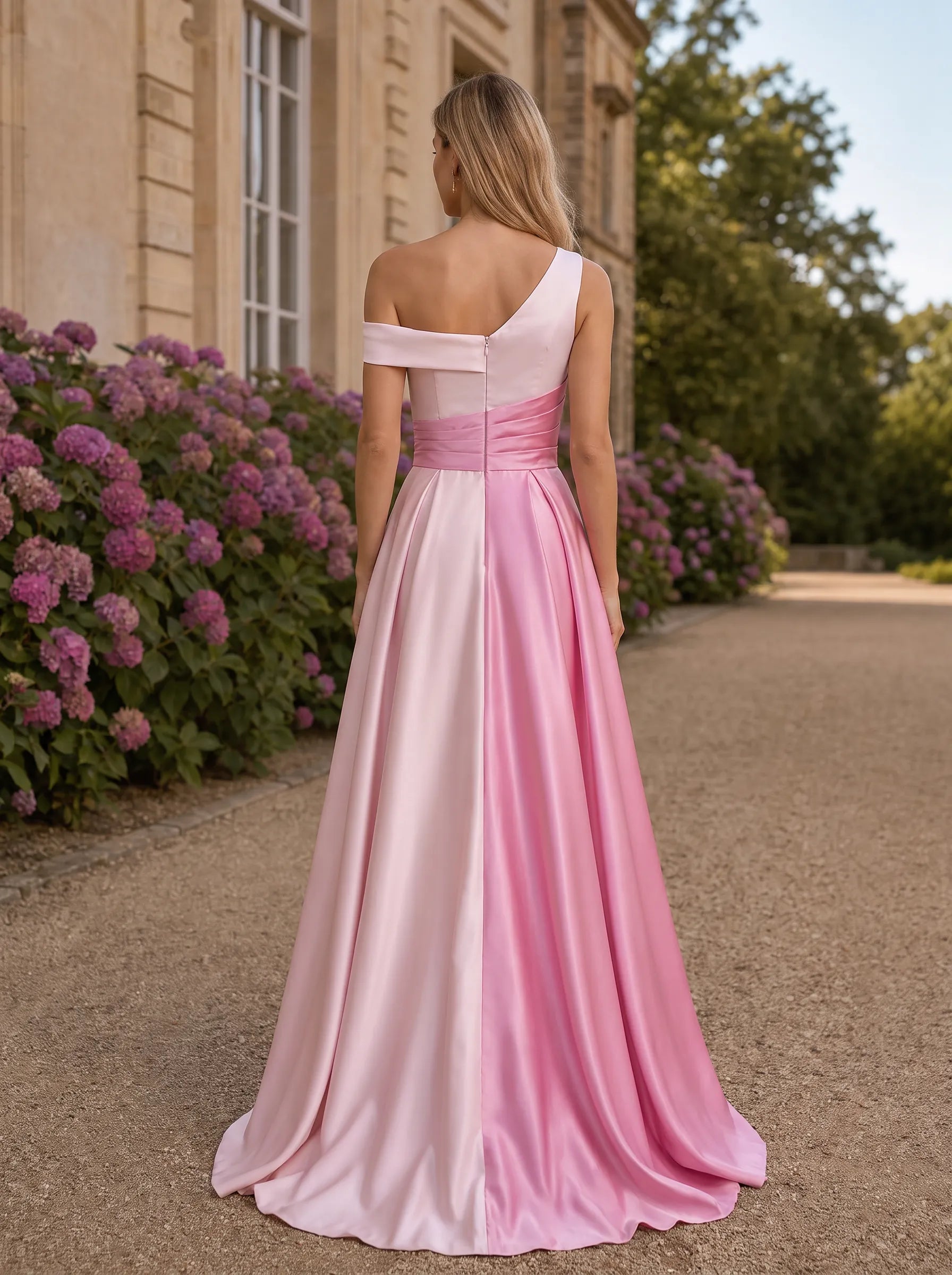 Elegant One-Shoulder Color-Block Satin Sleeveless Evening Dress