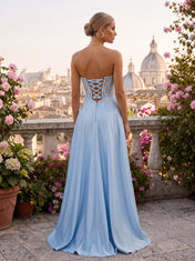 Strapless Beaded Illusion Corset Satin A-Line Prom Dress with High Front Slit