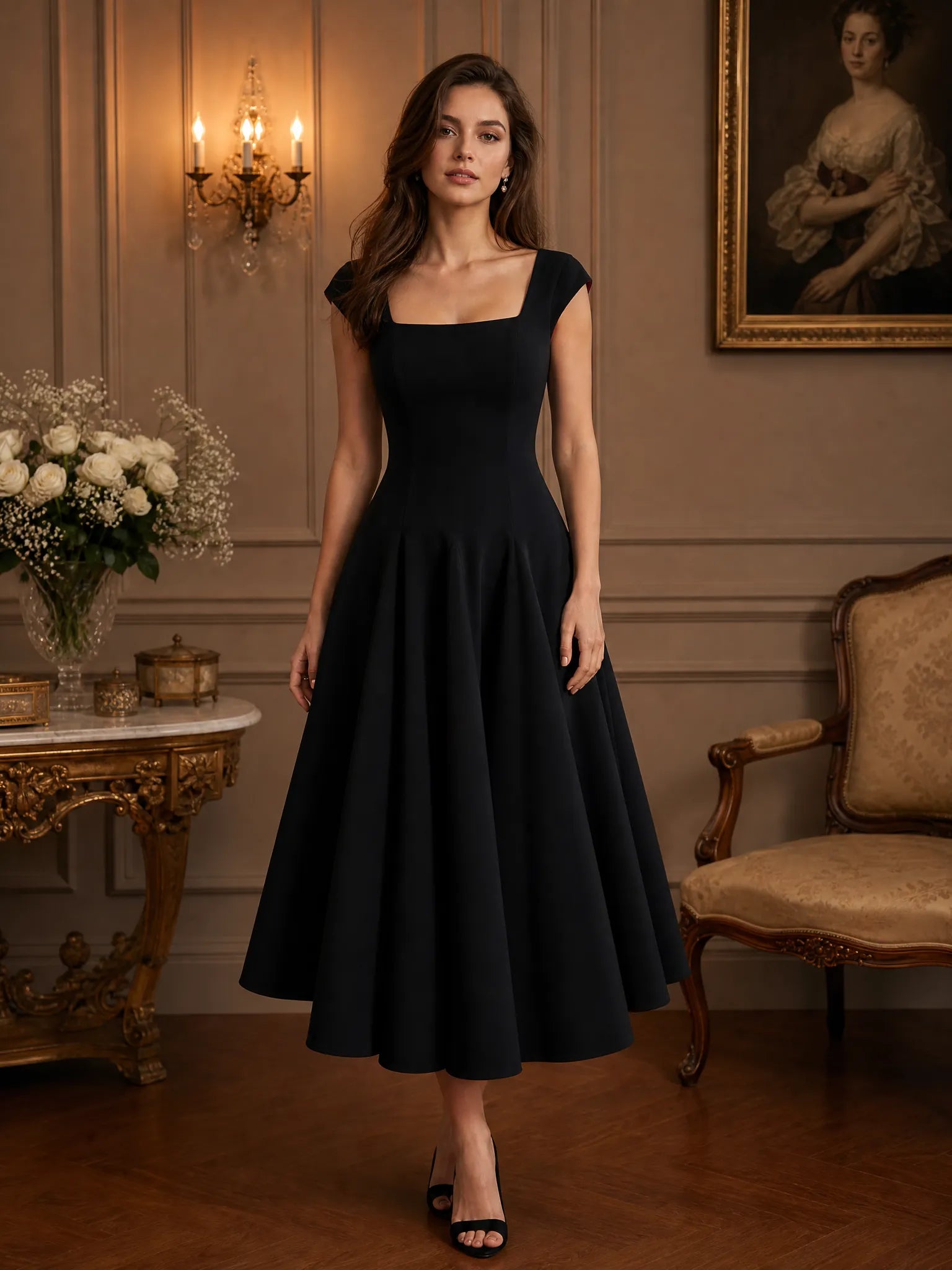 Square Neck Cap Sleeve A‑Line Midi Formal Evening Dress