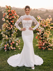 High Neck Long Sleeve Lace Satin Mermaid Wedding Dress
