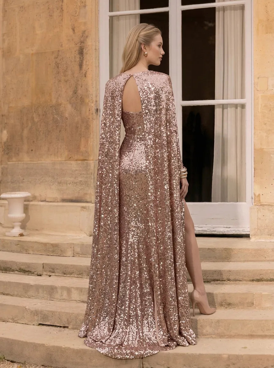 Rose Gold Sequin Sweetheart Evening Dress with Matching Cape and High Slit