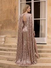 Rose Gold Sequin Sweetheart Evening Dress with Matching Cape and High Slit