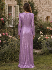Crew Neck Long Sleeve Sequin Evening Dress